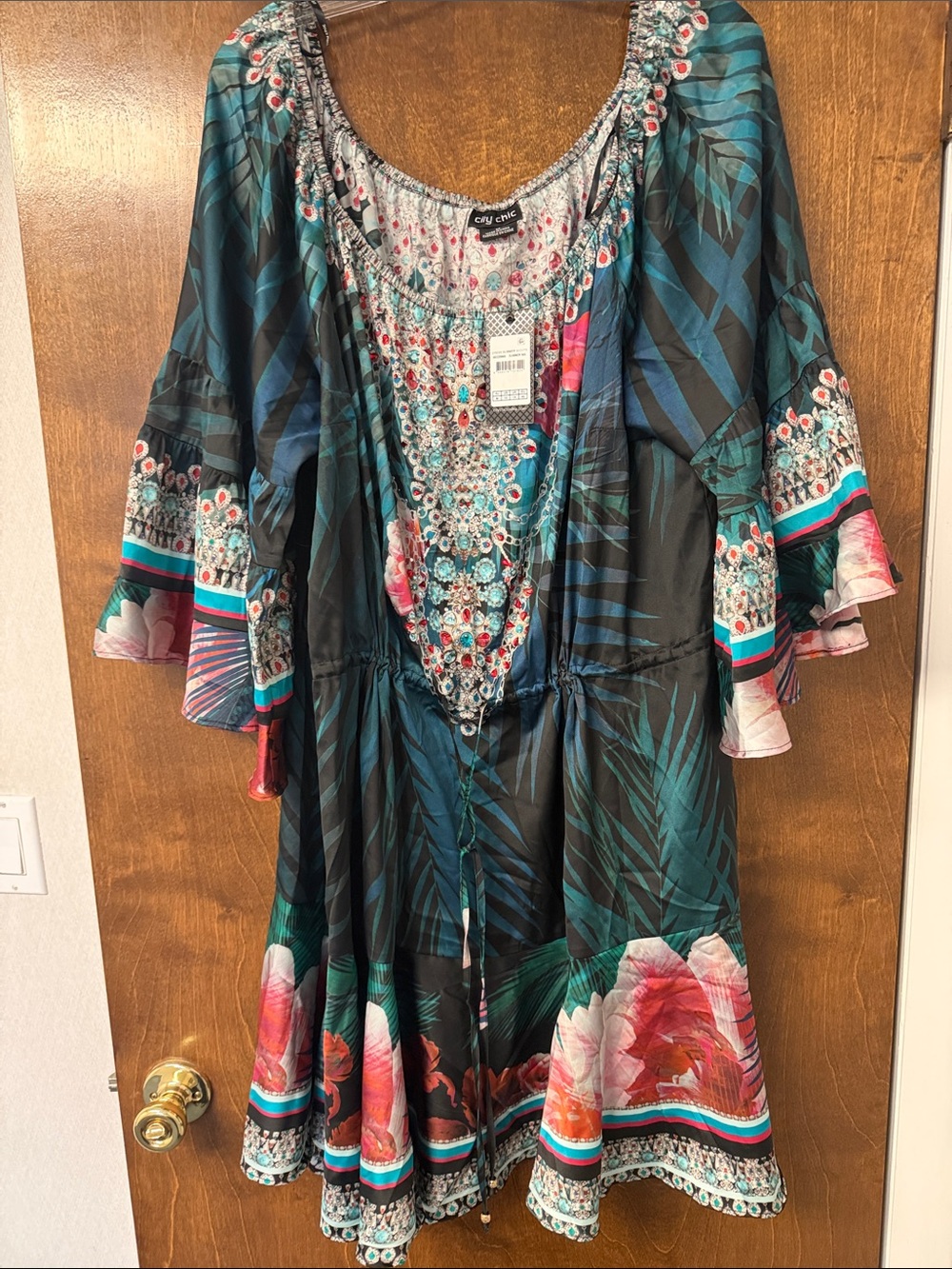 City Chic Teal Floral Mini Dress with Pink & Coral Accents